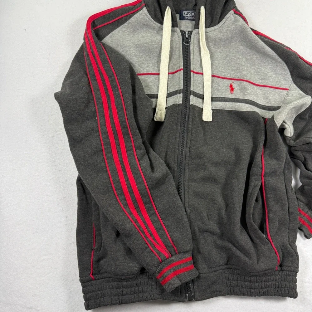 Vintage 90s Polo Ralph Lauren Hoodie Mens M Fits L Gray Red Colorblock Zip Y2K
